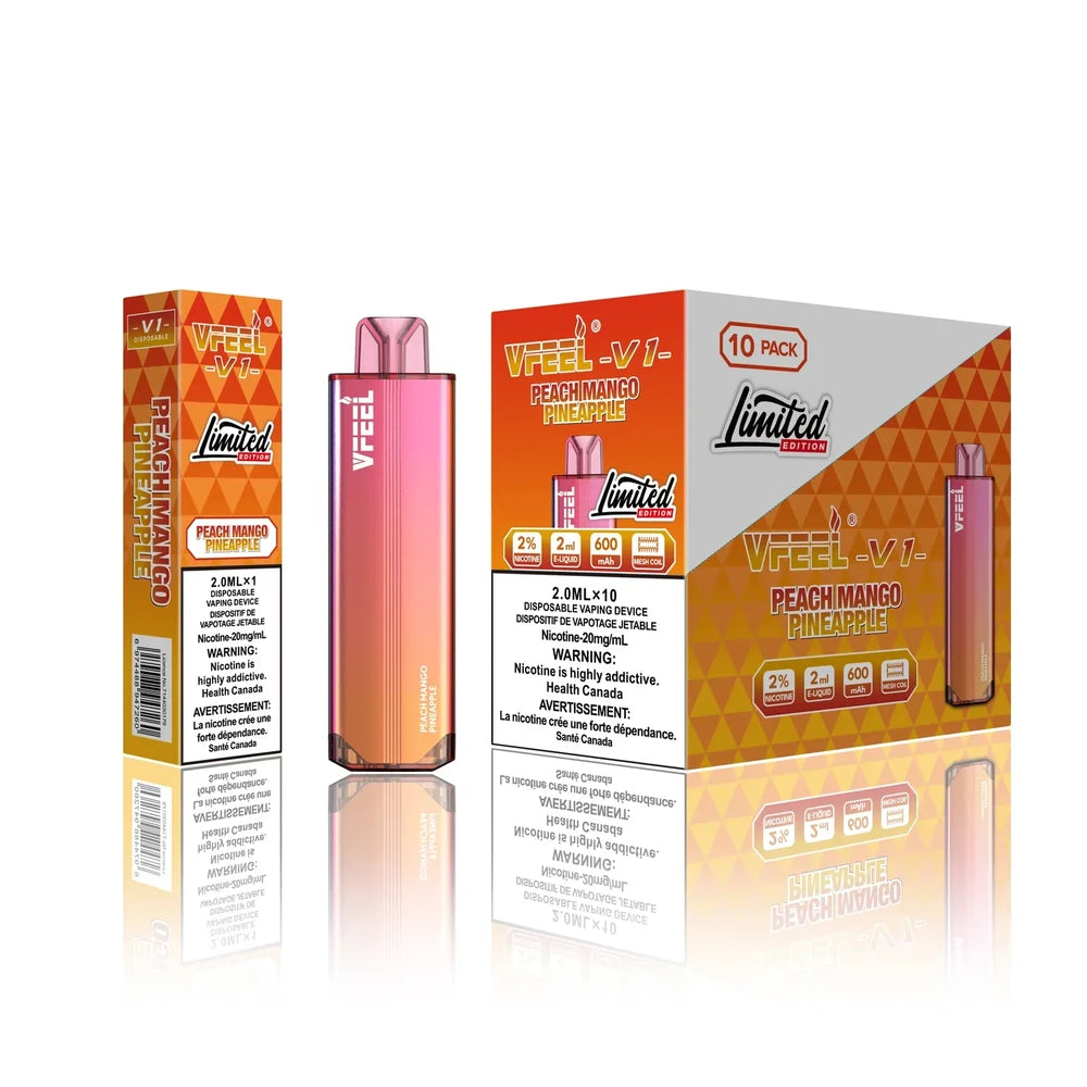 VFEEL V1 Peach Mango Pineapple disposable vape with its individual box and a 10-pack carton featuring orange and yellow geometric patterns and a pink-to-orange gradient device.