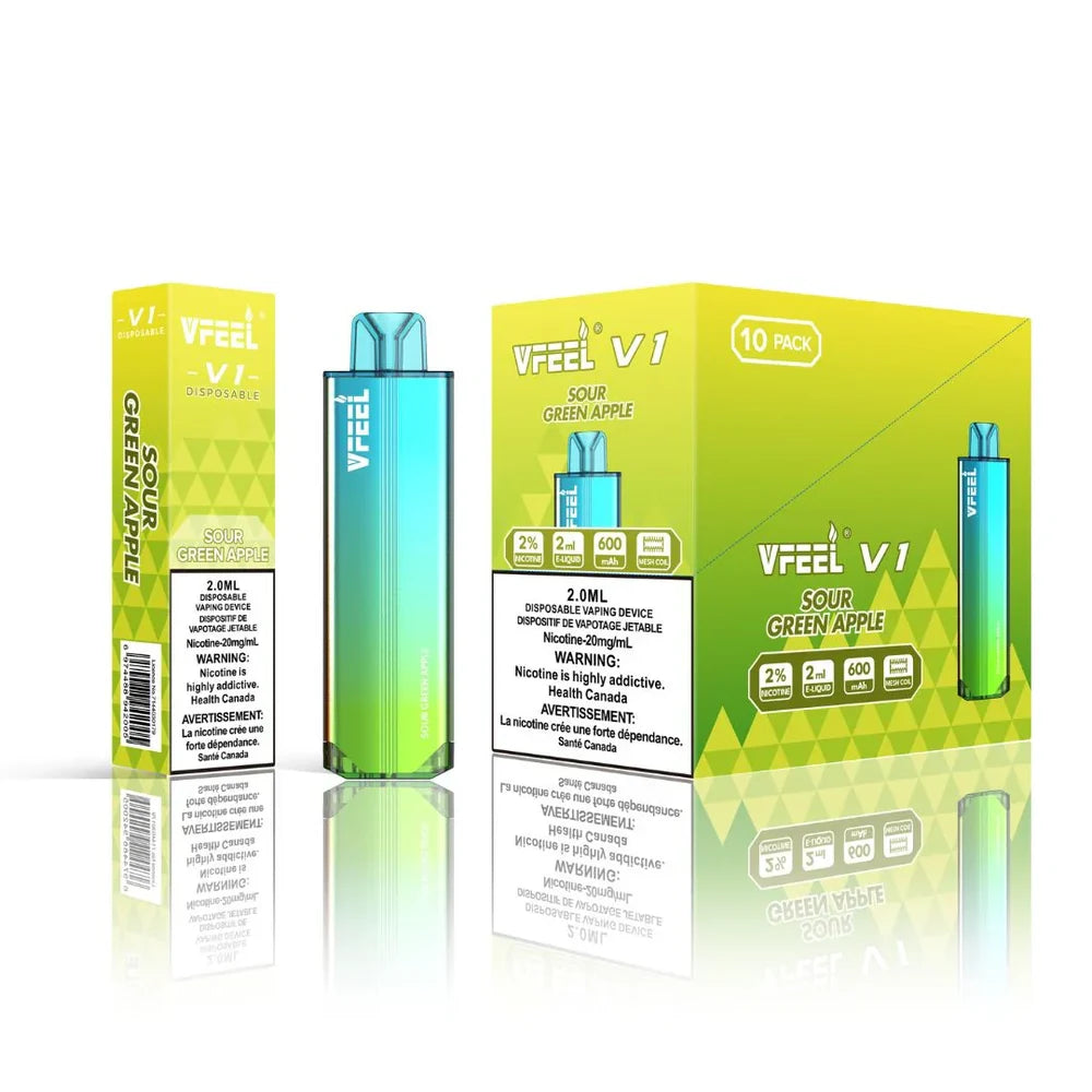 VFEEL V1 Sour Green Apple disposable vape device with its individual box and a 10-pack carton featuring a lime green and yellow gradient design.