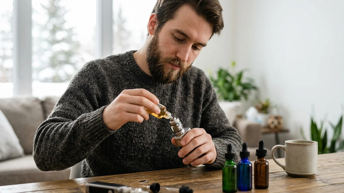 A bearded man in a grey sweater adds a flavour shot to his vape device at a wooden table with colourful glass bottles.