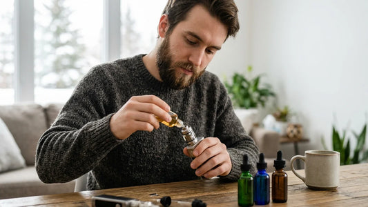 A bearded man in a grey sweater adds a flavour shot to his vape device at a wooden table with colourful glass bottles.
