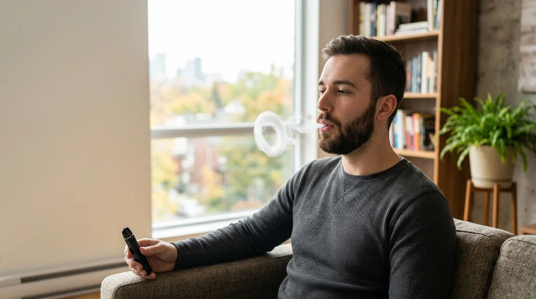 A bearded man sitting on a sofa blows a perfect vapor O ring while holding a black vape device in a bright living room.