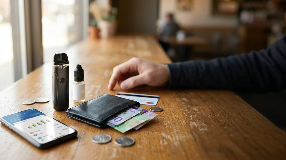 A black vape device sits on a wooden table next to a wallet with Canadian currency, illustrating the cost of vaping.