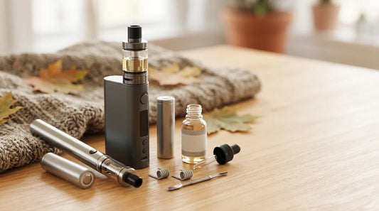 A box mod, vape pen, e-liquid bottle, and coils on a wooden table, illustrating common vaping terminology.