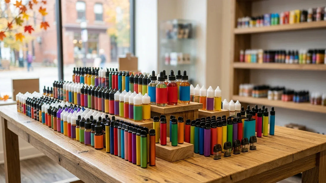 Colourful Flavour Beast vape devices and e-liquid bottles on display