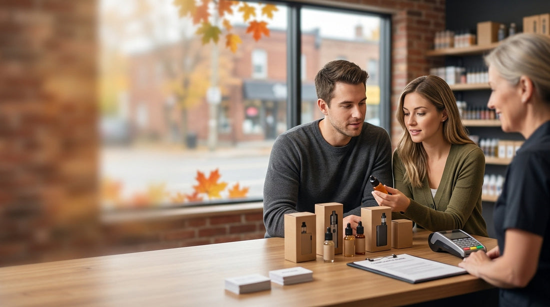 A couple reviews compliant vaping products at a shop counter in Canada during the autumn season.