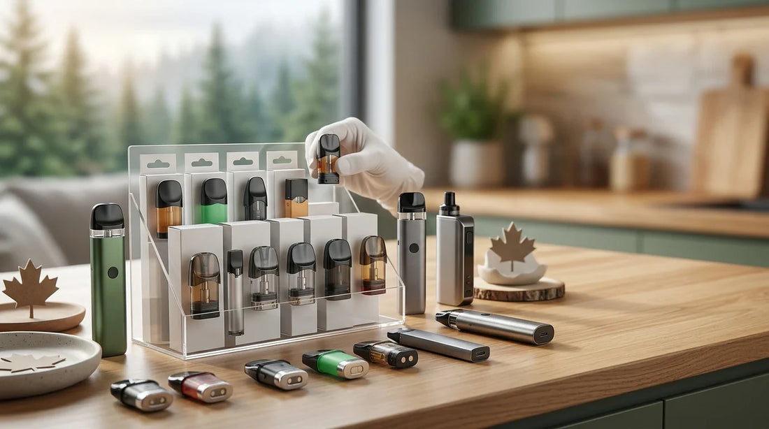 A gloved hand selects a replacement vape pod from a display on a wooden counter featuring Canadian maple leaf decor.