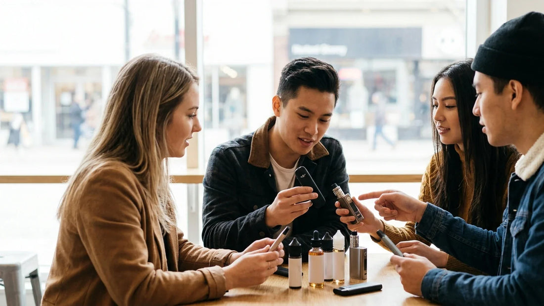 A group of friends sits at a wooden table comparing different vape types, including pod systems and box mods.