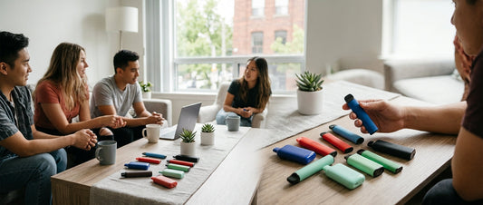 A group of friends sits in a bright living room discussing a variety of colorful Elf Bar disposable vapes on a table.