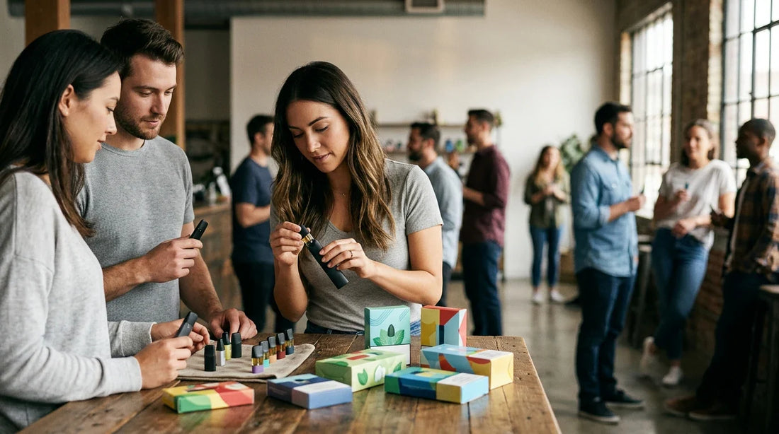 A group of people in a bright loft explore STLTH Canada vape devices and colorful flavour pods on a wooden table.