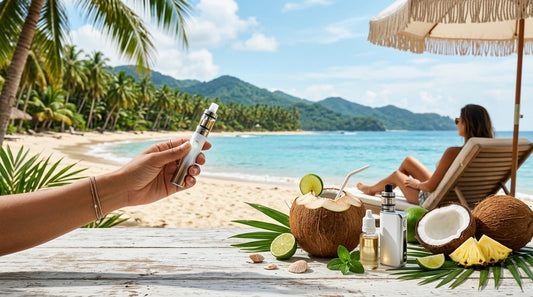 A hand holds a silver vape pen over a beach table with fresh coconuts, limes, and pineapple for Coconut Breeze vapes.