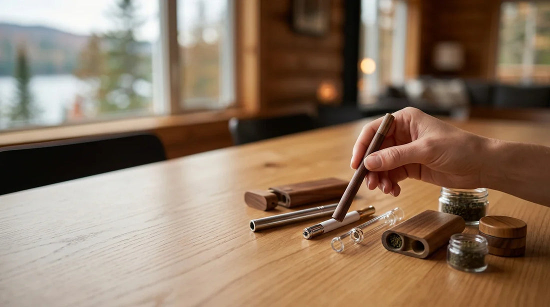 A hand holds a wooden one hitter pipe over a table with glass, metal, and wood smoking accessories in a rustic cabin.