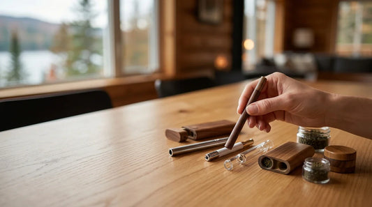 A hand holds a wooden one hitter pipe over a table with glass, metal, and wood smoking accessories in a rustic cabin.