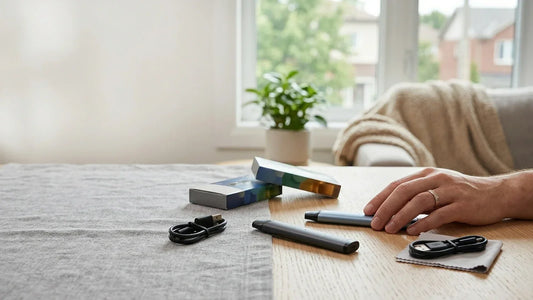 A hand reaches for Vuse Canada vape devices and charging cables on a wooden table for a maintenance guide.