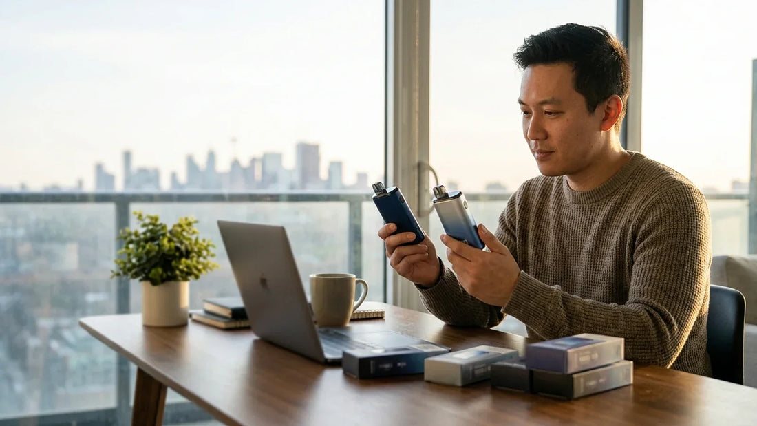 Illustration of a man at a desk comparing two disposable vapes beside a laptop