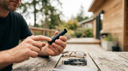 A man examines a black disposable vape on a wooden table next to a charging cable, illustrating safety tips for device use.