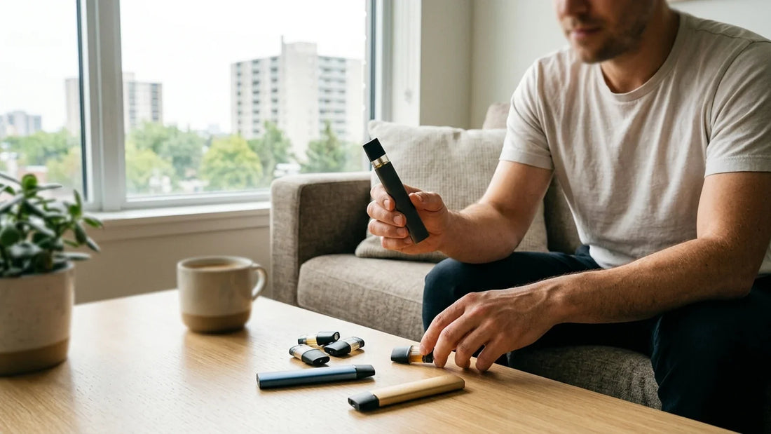 A man holds a black vape device while selecting STLTH