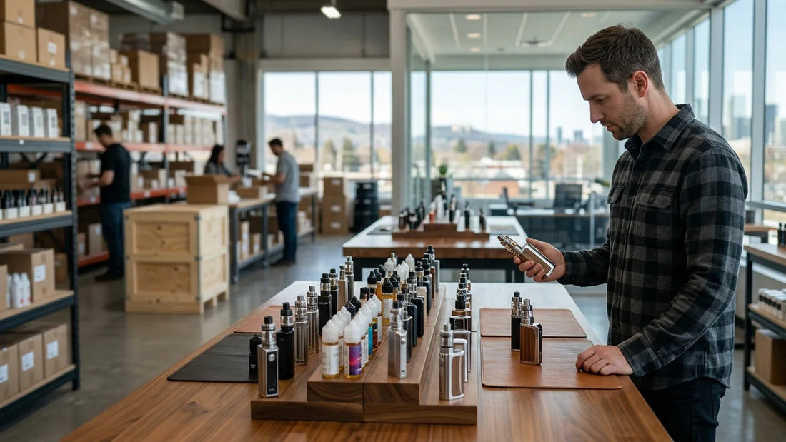A man in a flannel shirt inspects a high-end metal vape device in a modern distribution warehouse with wooden displays.