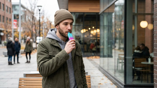 A man in a green jacket and beanie uses a colorful Geek Bar vape while standing on a city sidewalk in autumn.