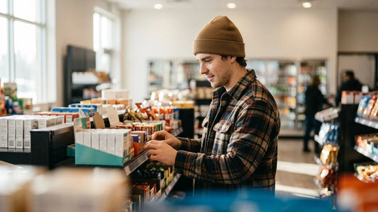 A man in a plaid shirt and brown beanie browses Zyn nicotine pouches on a shelf in a brightly lit Canadian convenience store.
