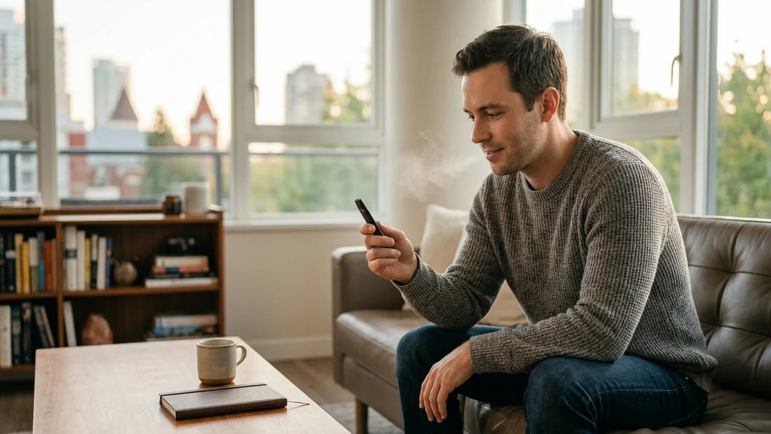 A man on a leather sofa uses a black vape