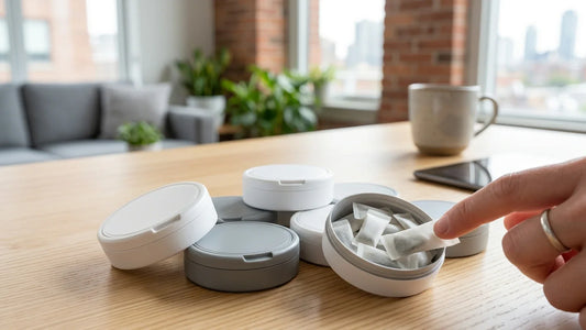 A person picks a white nicotine pouch from a round container on a wooden table in a bright, modern living room.