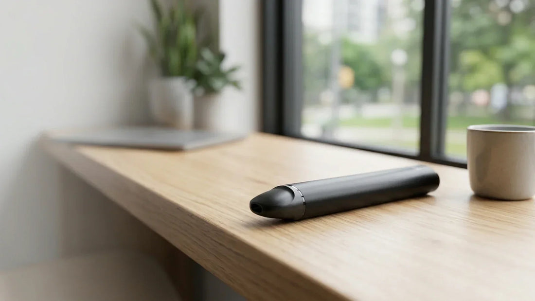 A sleek black STLTH Nexa device rests on a wooden desk next to a ceramic mug by a bright window with green plants.