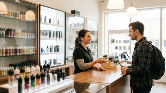 A smiling female employee assists a customer at a wooden counter in a modern vape shop with glass display cases.