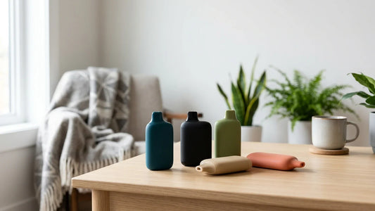 A variety of colorful Geek Bar disposable vapes sit on a wooden table in a bright, modern living room with houseplants.