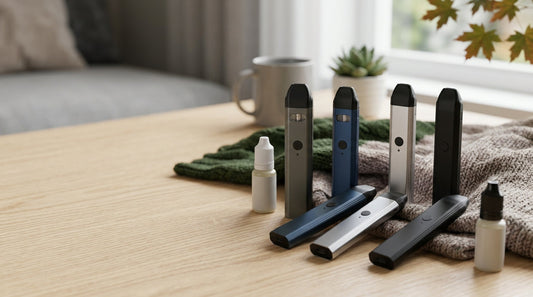 A variety of Uwell Caliburn pod systems and e-liquid bottles arranged on a wooden table with a cozy knit blanket.