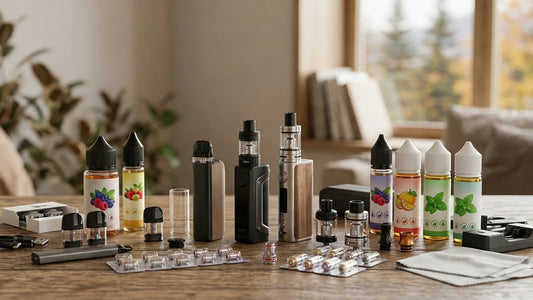 A variety of vape accessories, including e-liquid bottles, coils, and mods, arranged on a wooden table in a bright room.