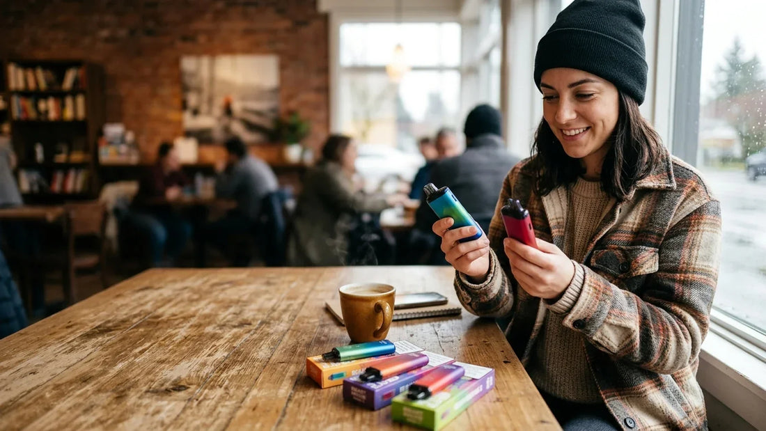 Woman in a café holding colourful Flavour Beast Beast Mode Max 2 disposables