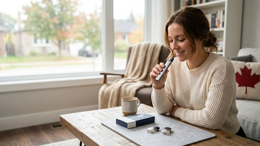 A woman in a cream sweater holds a vape device near Z Pods packaging and a maple leaf pillow in a bright Canadian home.