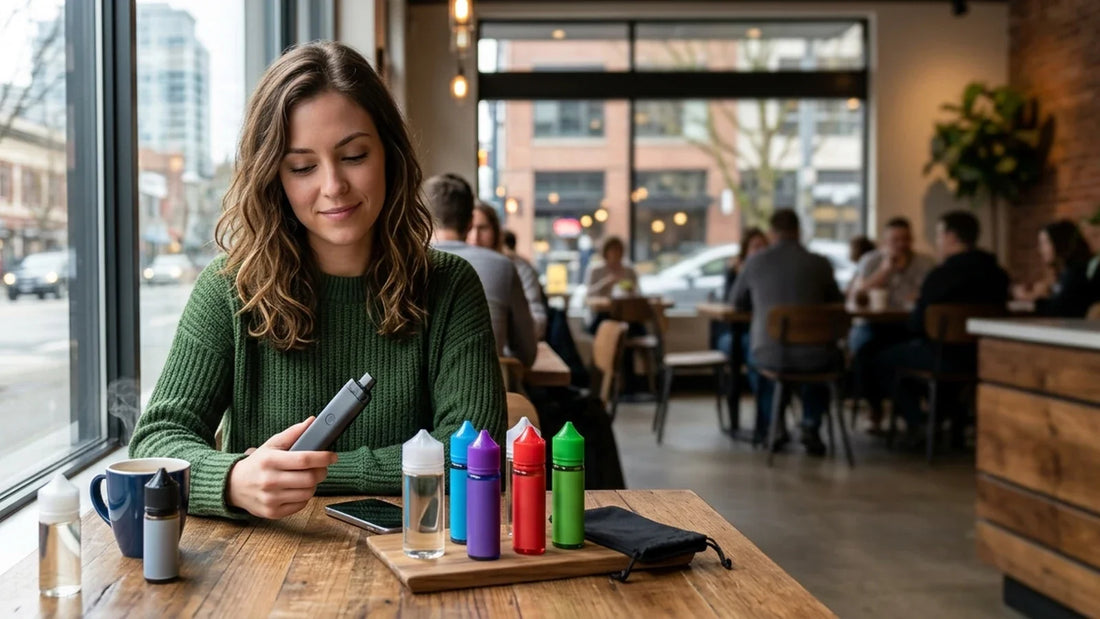 A woman in a green sweater holds a vape