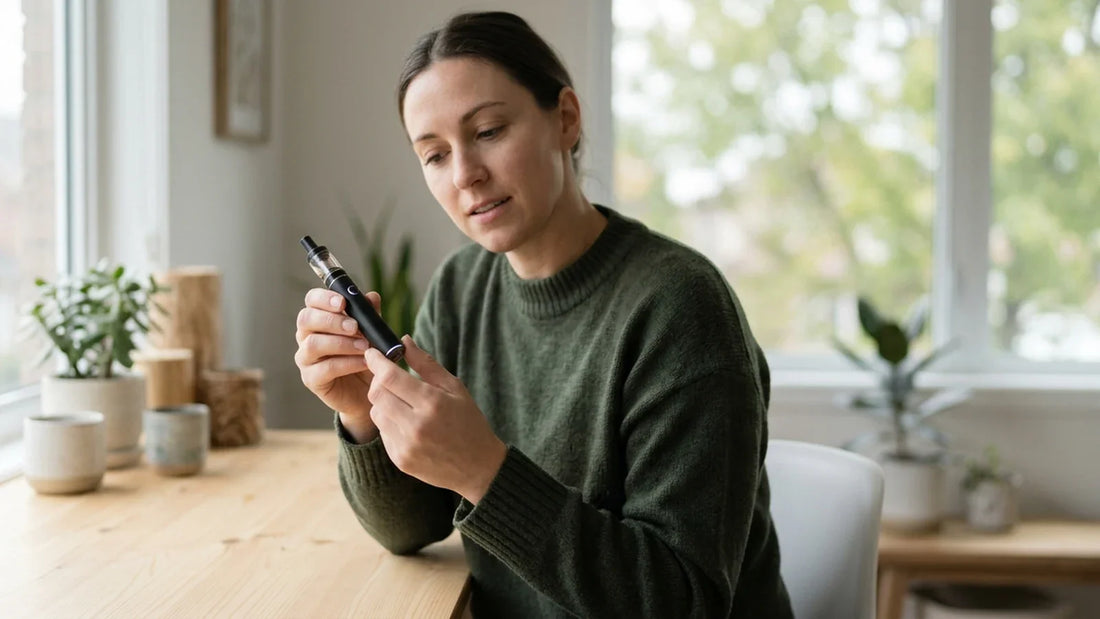 A woman in a green sweater sits at a wooden desk troubleshooting a black rechargeable vape pen near a bright window.