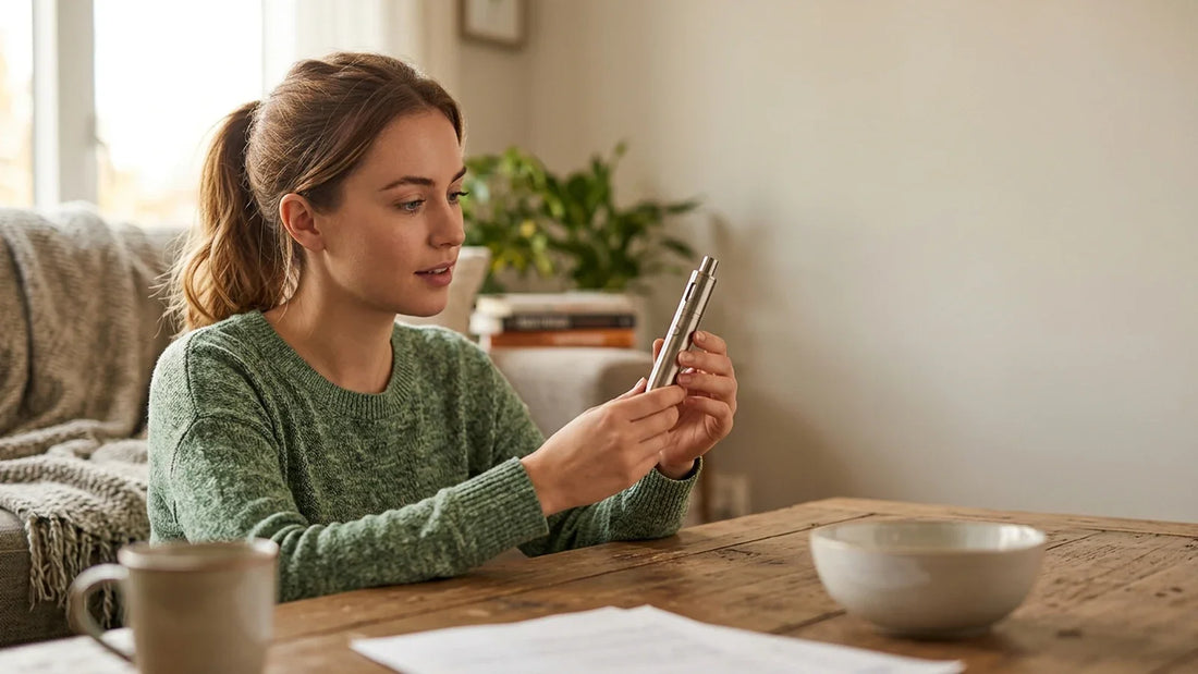 A woman in a green sweater sits at a wooden table examining a silver vape pen in a bright, modern living room.