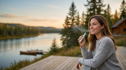 A woman in a grey sweater uses a light vape device on a wooden deck overlooking a Canadian river and pine forest.