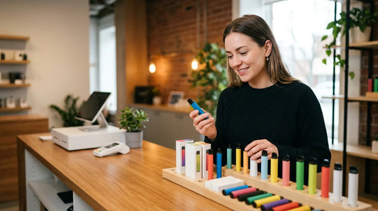 A woman in a modern shop examines a blue disposable