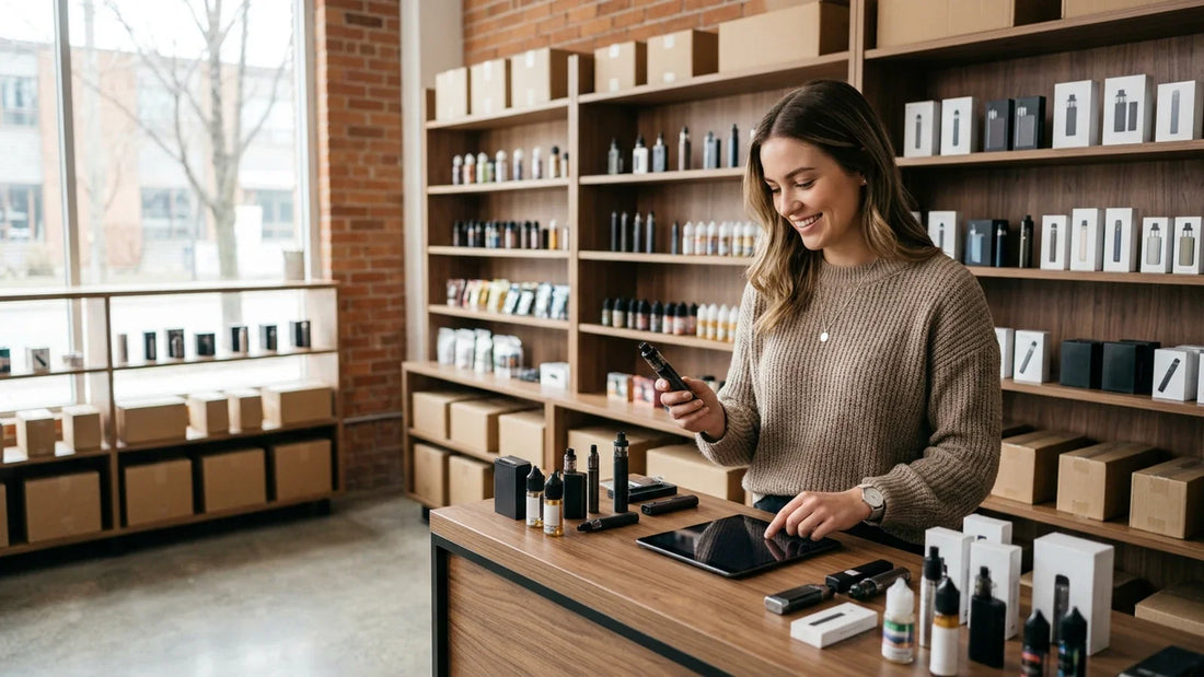 A woman in a tan sweater uses a tablet to shop for vape products in a modern Canadian retail store with wooden shelves.