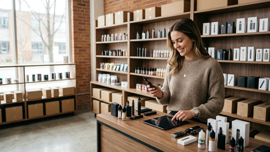 A woman in a tan sweater uses a tablet to shop for vape products in a modern Canadian retail store with wooden shelves.