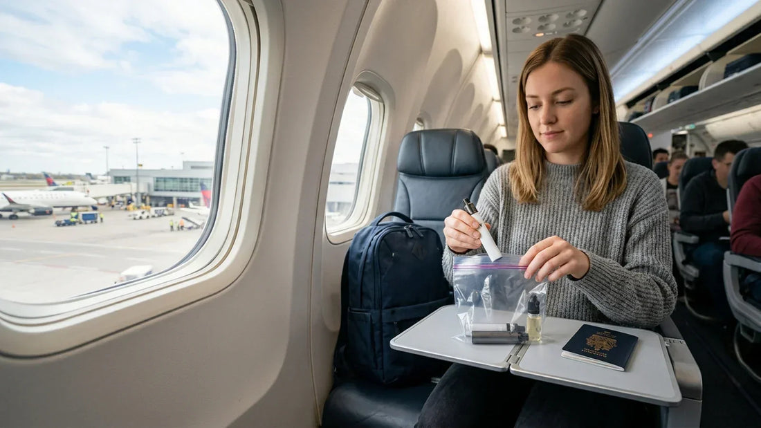 A woman on a plane places a vape and e-liquid into a clear plastic bag next to a Canadian passport for a flight.