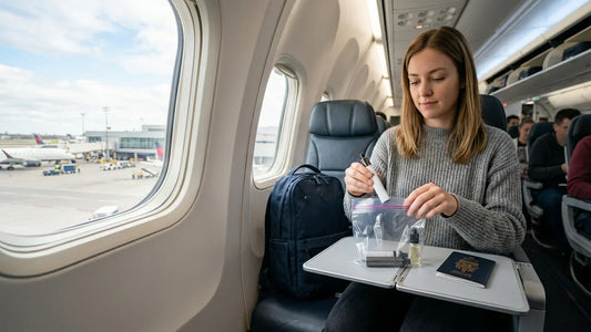 A woman on a plane places a vape and e-liquid into a clear plastic bag next to a Canadian passport for a flight.