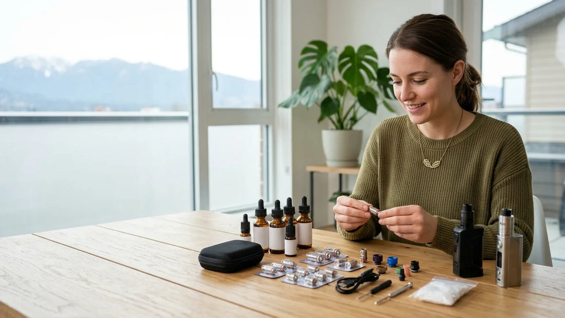 A woman organizes essential vape accessories like coils, e-liquid bottles, and mods on a wooden table in a bright room.
