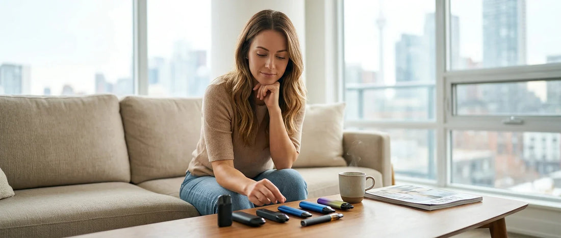 A woman reviews various ALLO vape devices on a coffee table in a bright Toronto apartment for a Canada buyer guide.