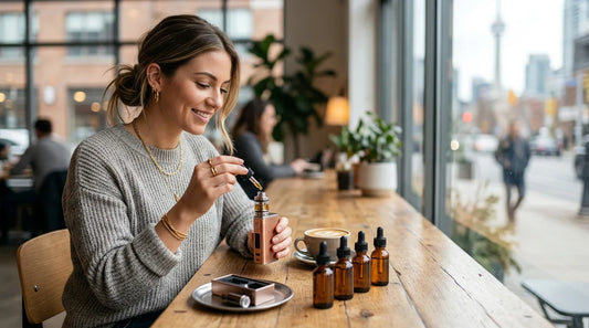 A woman uses a glass dropper to add flavor shots to her vape device at a wooden cafe table with amber bottles.