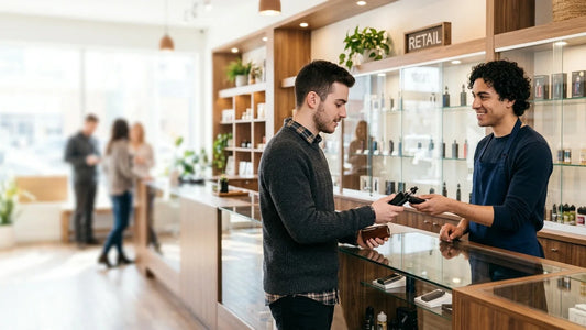 A young man buys a vape device from a clerk in a modern retail shop, illustrating the legal vaping age in Canada.