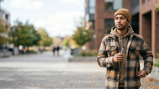 A young man in a plaid jacket and beanie holds a vape device while walking on a city sidewalk in Canada.