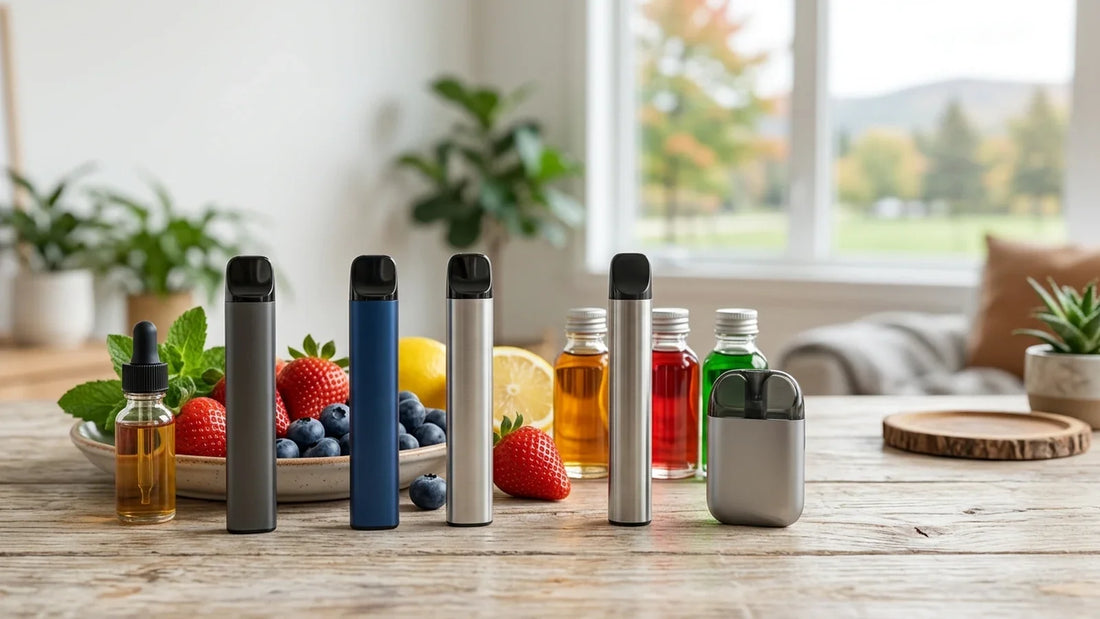 ABT vape pens and e-liquid bottles arranged