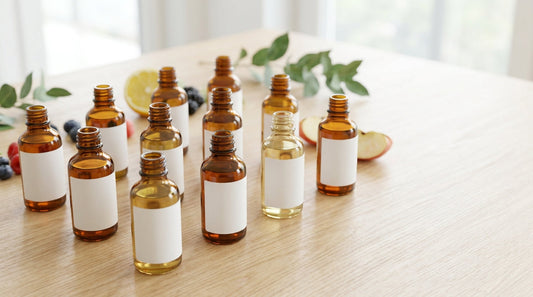 Amber glass bottles with white labels arranged on a wooden table with fresh fruit to represent various vape flavours.