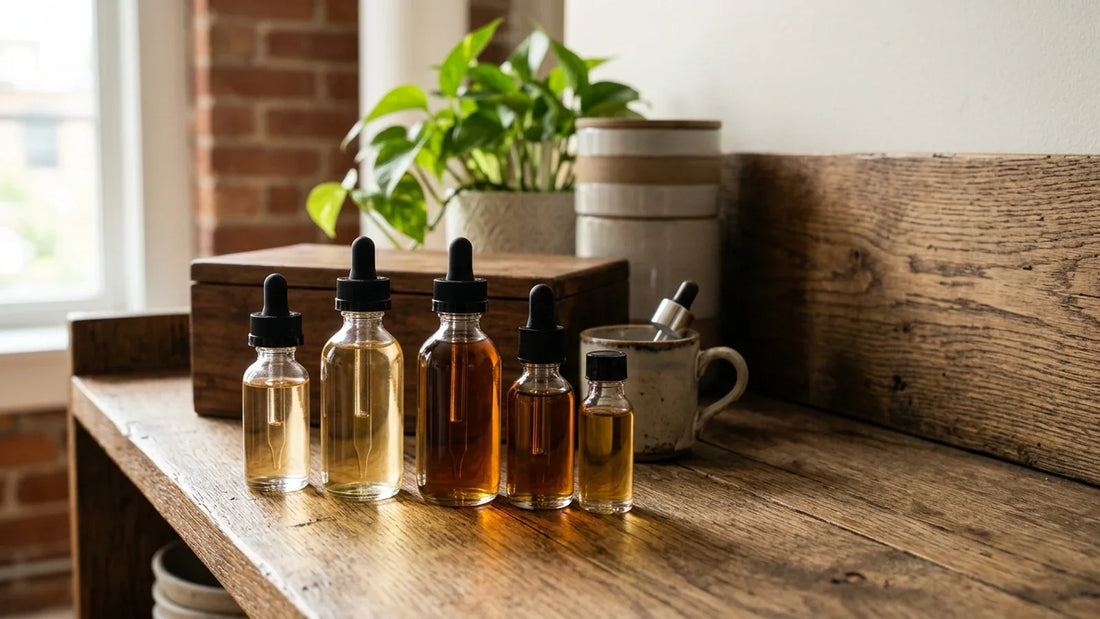 Amber glass vape juice bottles with dropper caps arranged on a rustic wooden shelf near a green potted plant.