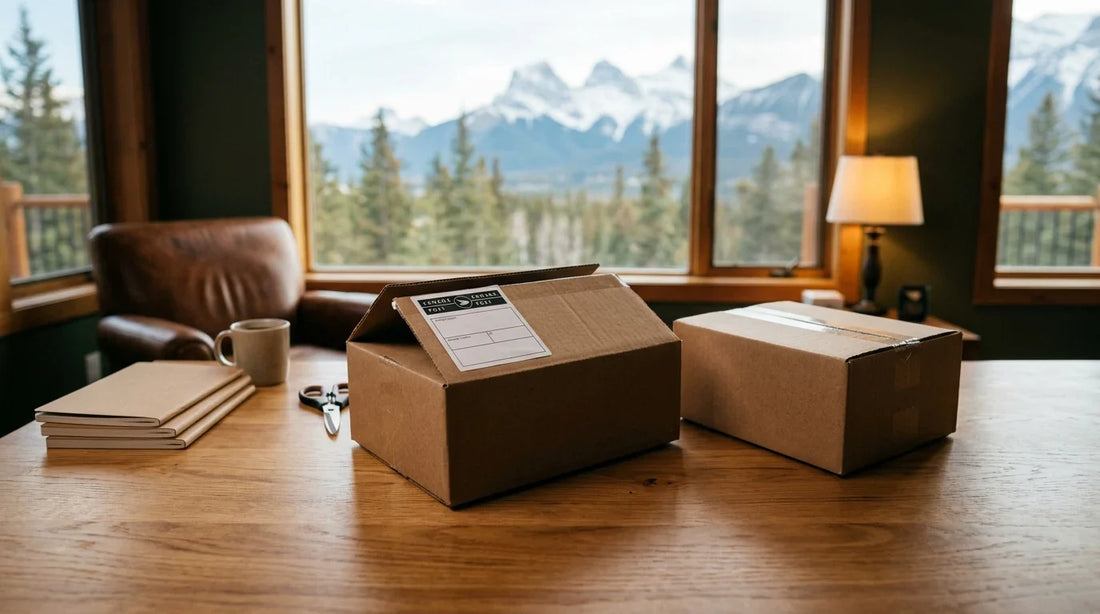 Cardboard shipping boxes on a wooden table in a cabin overlooking the snowy Canadian Backwoods mountains.